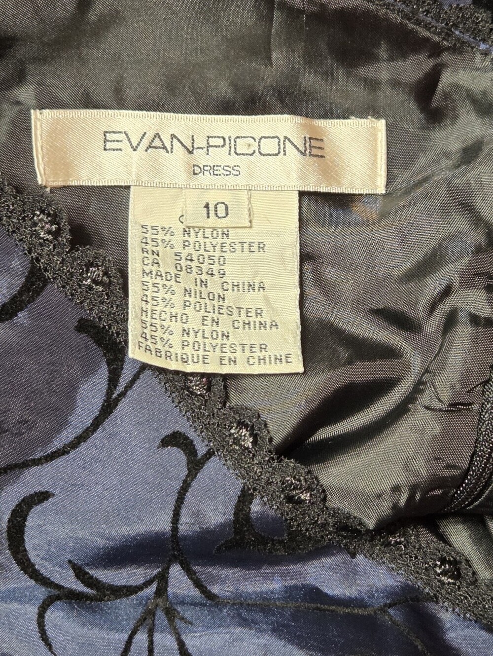 VintageEvan Picone Navy Blue with Lace Trim Black Velvet Brocade Dress
